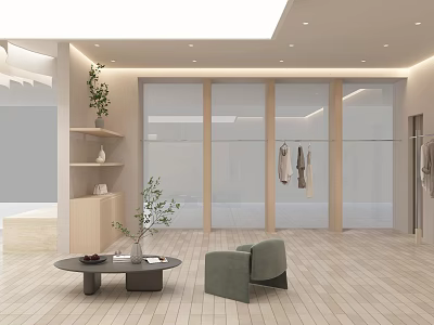 Modern Minimalist Clothing Store Interior With Glass Partitions Hanging Clothes Plants And Seating Area 3d model