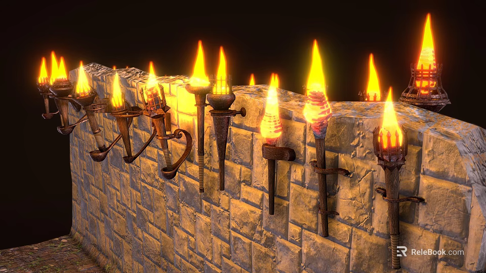 Medieval Style Torch Shaped Wall Sconces With Flaming Lights On Stone Brick Wall 3d model 
