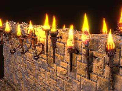 Medieval Style Torch Shaped Wall Sconces With Flaming Lights On Stone Brick Wall 3d model