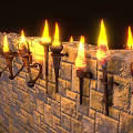 Medieval Style Torch Shaped Wall Sconces With Flaming Lights On Stone Brick Wall