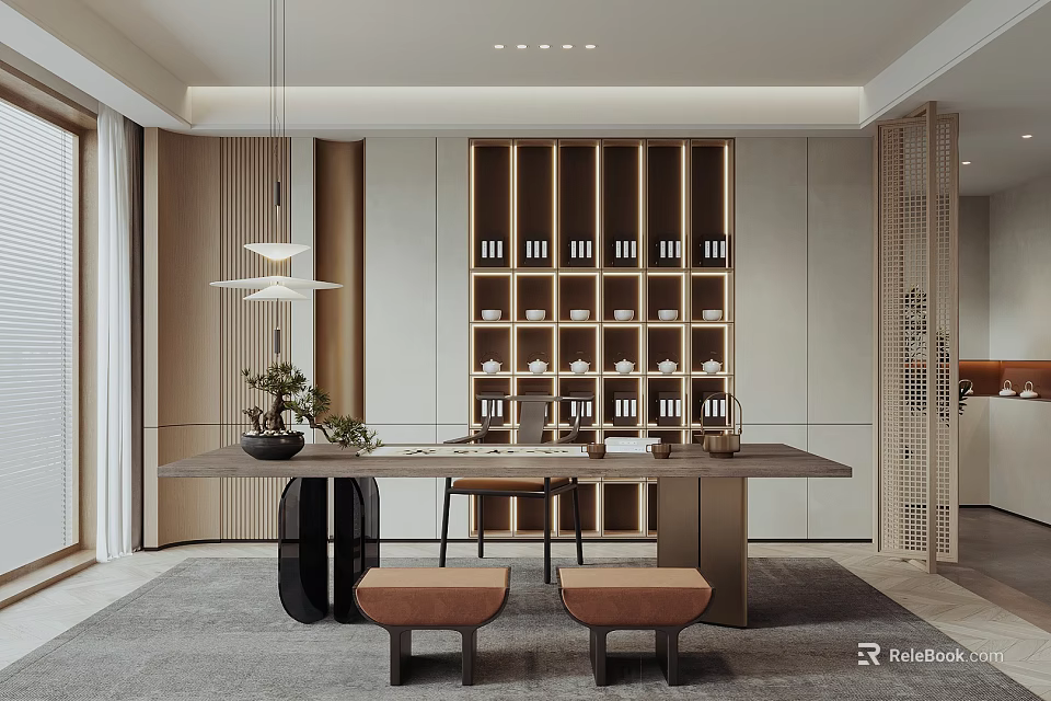 Modern Study Room With Large Desk Bookshelf Stools And Plants 3d model