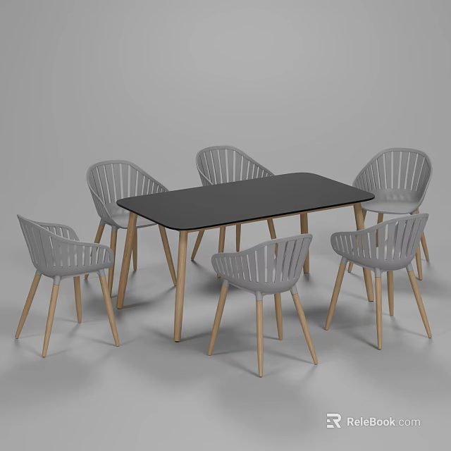 Modern Minimalist Rectangular Table with Black Tabletop and Six Gray Wooden Leg Chairs 3d model