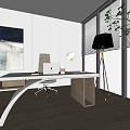 Modern Office Desk With Laptop Coffee Cup Table Lamp And Rolling Chair In Natural Light