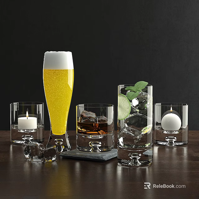 Assorted Drinking Glasses With Foamy Yellow Drink Ice Lime And Candle On Dark Wood Table 3d model 