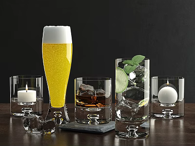 Assorted Drinking Glasses With Foamy Yellow Drink Ice Lime And Candle On Dark Wood Table 3d model