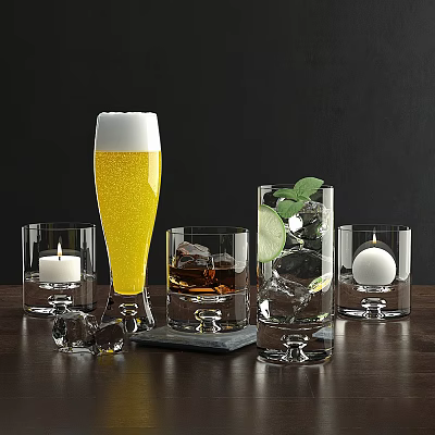 Assorted Drinking Glasses With Foamy Yellow Drink Ice Lime And Candle On Dark Wood Table 3d model