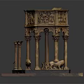 Intricately Carved Hexagonal Decorative Structure With Lion Statue On Red Base Detailed Sculptures And Columns