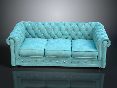 Classic Three Seat Light Blue Tufted Sofa With Rolled Arms And Metal Studs 3d model