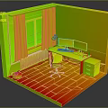 Home Office Interior With Green Yellow Walls Pink Curtains Dual Monitors And Orange Red Floor