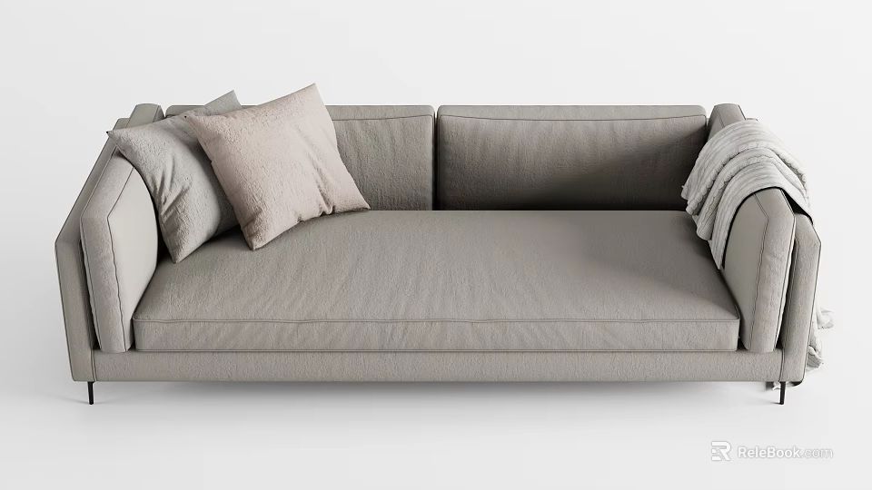 Modern Gray Sectional Sofa With Soft Pillows And Cozy Throw Blanket 3d model