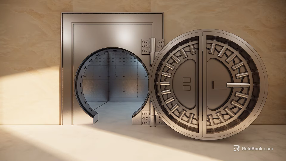 Open Metal Vault Door With Circular Design Lock Mechanism And Gear Details Revealing Interior 3d model 