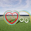 Colorful Heart Shaped Garden Ornament With Swing In Purple Flower Field Under Blue Sky