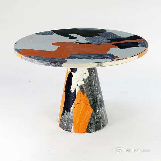 Artistic Round Coffee Table With Colorful Black Orange Gray White Patterns And Conical Base 3d model