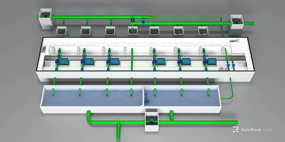 Industrial Plant Layout With Green Piping System And Production Equipment 3d model 
