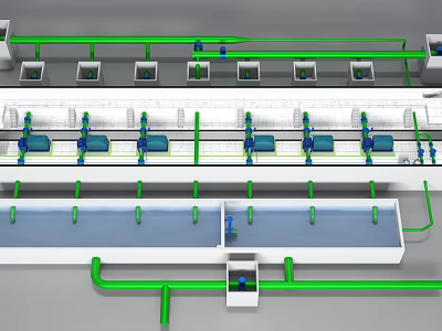 Industrial Plant Layout With Green Piping System And Production Equipment 3d model