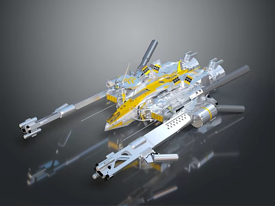 3D Model Of Futuristic Silver And Yellow Mechanical Spaceship With Gun Barrels Sleek Reflective Design 3d model