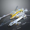 3D Model Of Futuristic Silver And Yellow Mechanical Spaceship With Gun Barrels Sleek Reflective Design