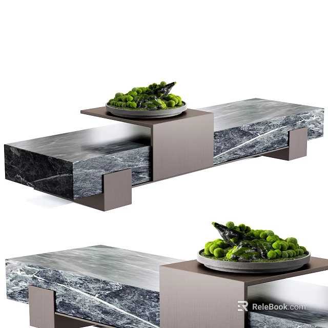 Bonsai Potted Plant Display On Modern Marble Tabletop With Green Foliage 3d model 