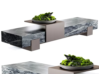 Bonsai Potted Plant Display On Modern Marble Tabletop With Green Foliage 3d model