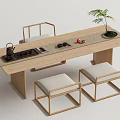 Minimalist Wooden Tea Table and Chairs with Tea Set Small Potted Plant and Red Fruits