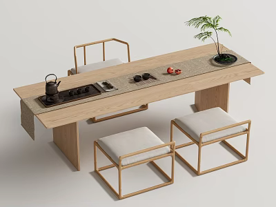 Minimalist Wooden Tea Table and Chairs with Tea Set Small Potted Plant and Red Fruits 3d model