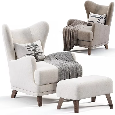 Modern Upholstered Sofa and Coffee Table Set with Armchair Ottoman Decorative Pillows and Throw Blanket 3d model