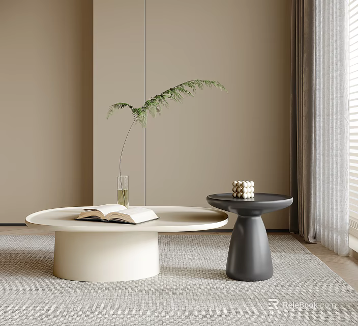 Modern Minimalist Beige Round Coffee Table with Open Book Vase and Black Side Table 3d model 