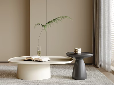 Modern Minimalist Beige Round Coffee Table with Open Book Vase and Black Side Table 3d model
