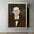 Framed Woman Portrait Painting with Curly Brown Hair Dark Dress and Light Blue Background
