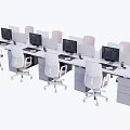 Modern Office Workspace With Multiple Desks Computer Monitors And White Chairs 3d model