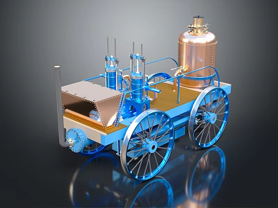 Vintage Steam Powered Car With Copper Boiler Blue Frame And Large Wheels 3d model