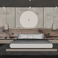 Modern Bedroom Interior With Wooden Headboard Circular Decor Pendant Lights Plant Nightstands And Rug