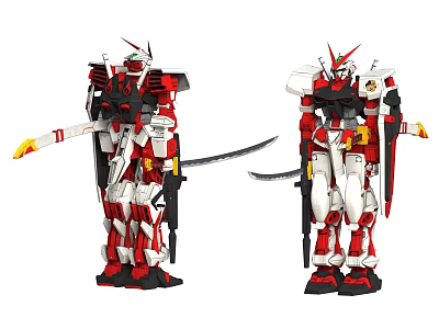 Red and White Robot Dolls with Swords and Weapons as Collectible Action Figures 3d model