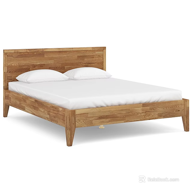 Wooden Double Bed with Simple Design Wooden Headboard White Mattress and Pillows 3d model 