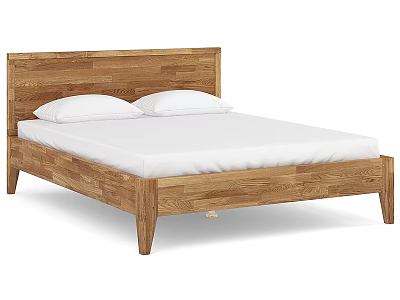 Wooden Double Bed with Simple Design Wooden Headboard White Mattress and Pillows 3d model