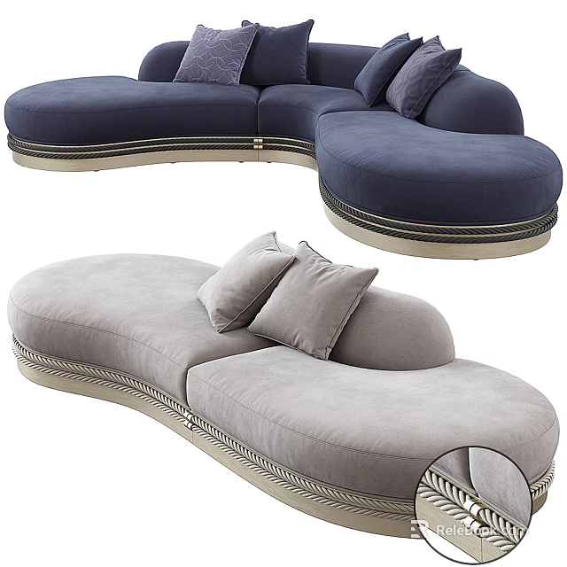 Navy Blue and Light Gray Curved Sectional Sofa with Plush Cushions and Decorative Trim 3d model 