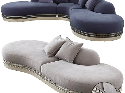 Navy Blue and Light Gray Curved Sectional Sofa with Plush Cushions and Decorative Trim 3d model
