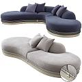 Navy Blue and Light Gray Curved Sectional Sofa with Plush Cushions and Decorative Trim