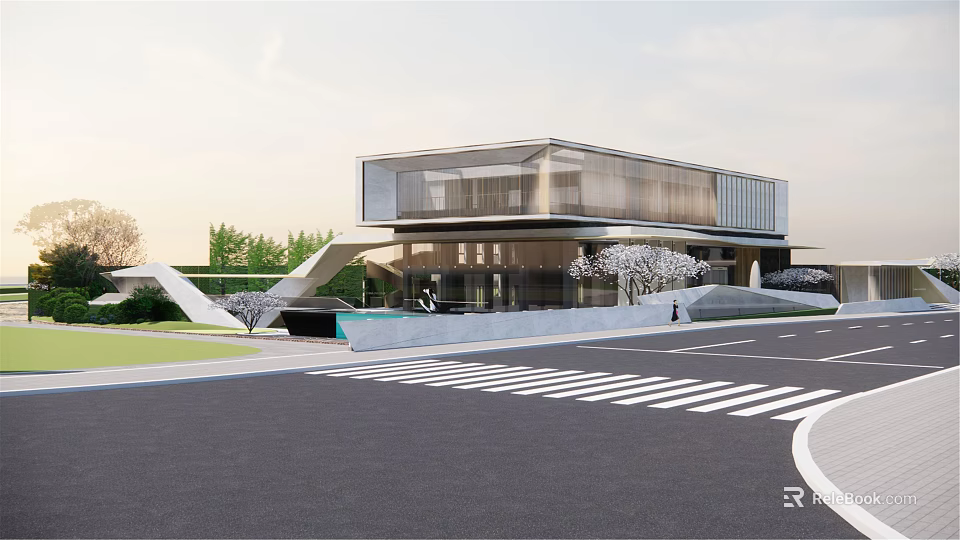 Modern Glass Facade Sales Office Building With Landscaped Surroundings And Adjacent Road 3d model