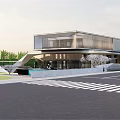 Modern Glass Facade Sales Office Building With Landscaped Surroundings And Adjacent Road 3d model