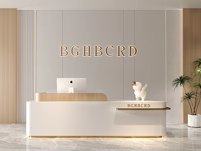 Modern Elegant White Reception Desk With Computer Sculpture Gold Lettering And Potted Plant 3d model