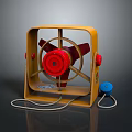 Computer Cooling Fan with Yellow Frame Red Blades Red Knobs and Blue Power Plug