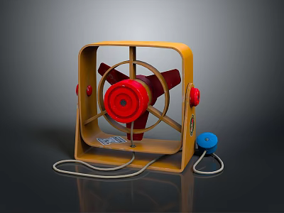 Computer Cooling Fan with Yellow Frame Red Blades Red Knobs and Blue Power Plug 3d model