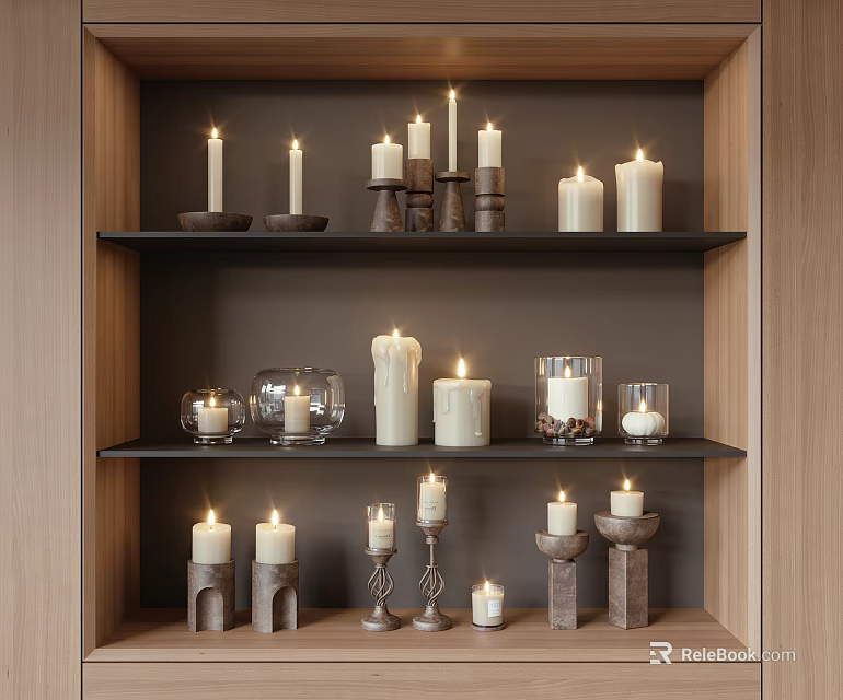 Lit Candle Lamps On Wooden Shelf Featuring Various Shapes Sizes Diverse Materials Holders Warm Atmosphere 3d model 