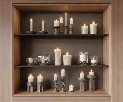 Lit Candle Lamps On Wooden Shelf Featuring Various Shapes Sizes Diverse Materials Holders Warm Atmosphere 3d model