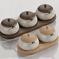 Minimalist Ceramic Spice Jars with Wooden Lids on Natural Wooden Trays