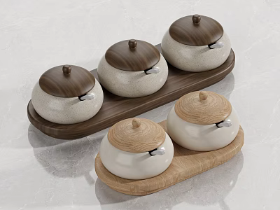 Minimalist Ceramic Spice Jars with Wooden Lids on Natural Wooden Trays 3d model
