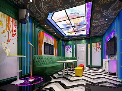 Modern KTV Interior With Green Sofa Colorful Lighting Decorated Walls And Striped Floor 3d model