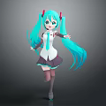 Anime Character With Teal Long Hair Twin Ponytails Red Accessories White Top And Purple Skirt