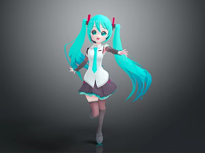 Anime Character With Teal Long Hair Twin Ponytails Red Accessories White Top And Purple Skirt 3d model